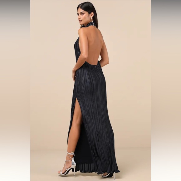 Lulus Gwenny High Neckline Satin Plisse Maxi Dress Dark Navy Blue - Size Medium - Picture 6 of 7